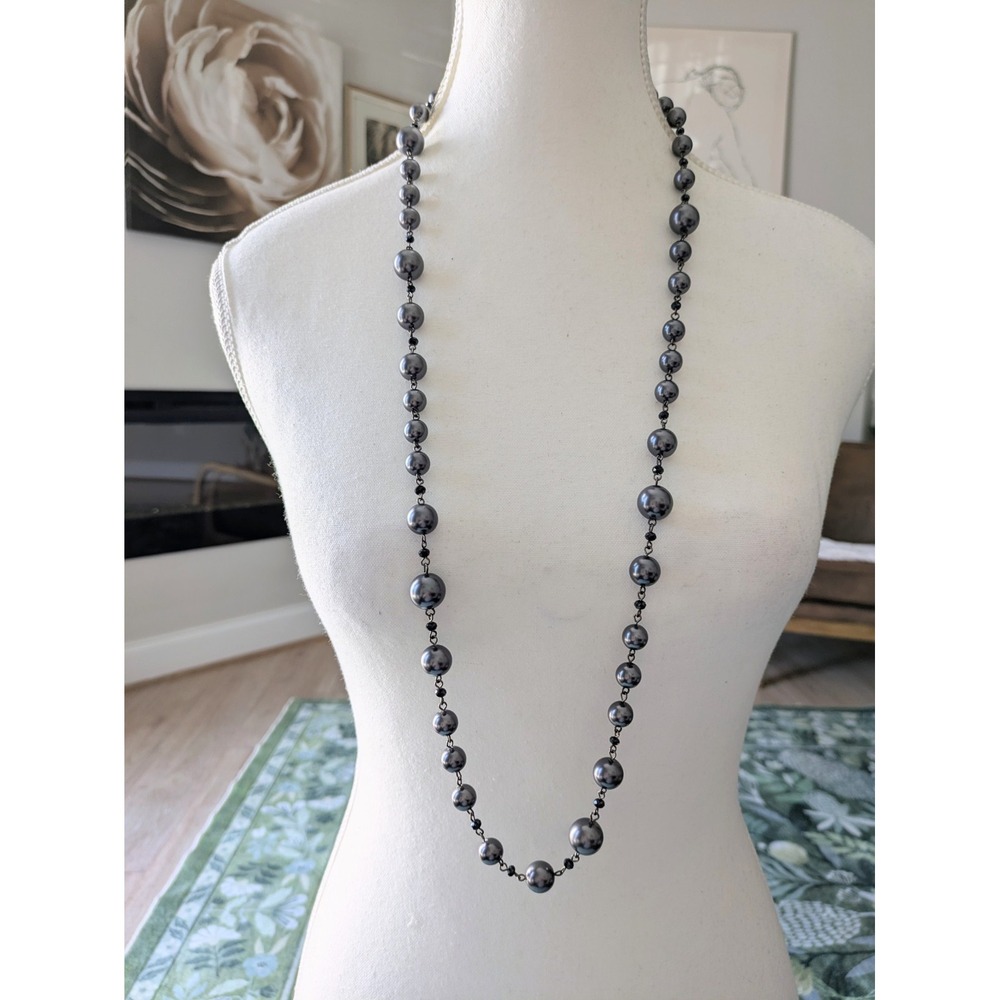 Long Beaded Necklace In Smoky Gunmetal Gray Beading Dark Romantic Faux Pearl